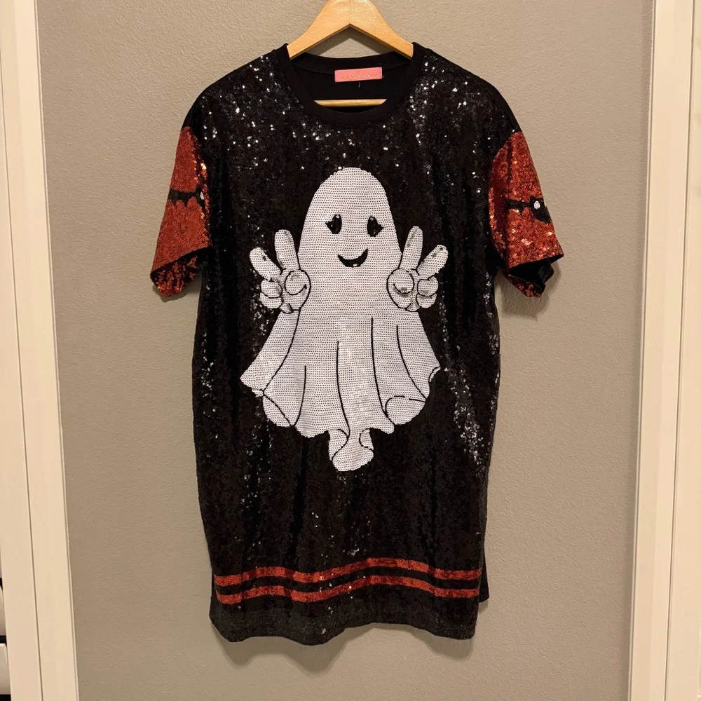 Simply Southern Sequin Ghost Halloween Dress Size M Black Orange - Picture 4 of 8